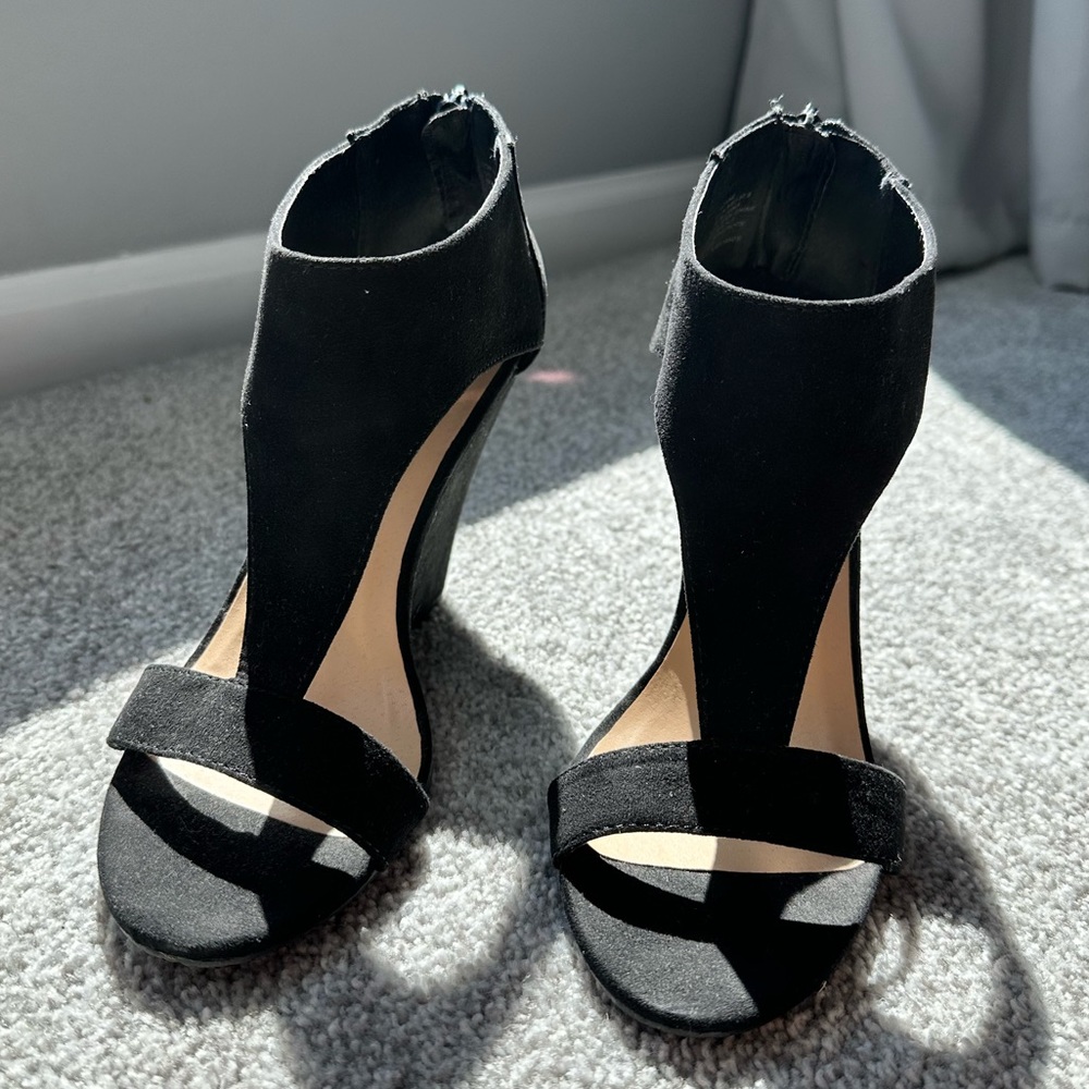 Just Fab Faux Suede Wedge Sandals, Black, Size 7.5